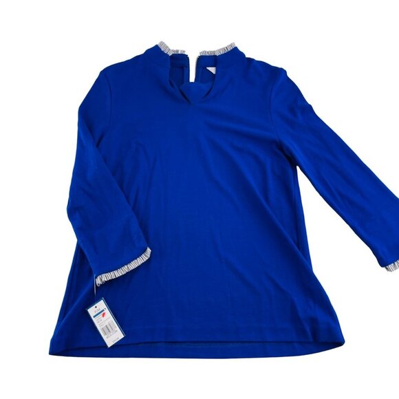 Crown & Ivy Petite Womens Blue Blouse With Striped Trim PM Petite Medium NWT - Picture 1 of 6